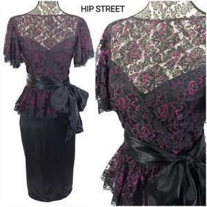 GUNNE SAX Vintage 80s Satin & Lace Flutter Sleeve Peplum Party Prom Dress 7